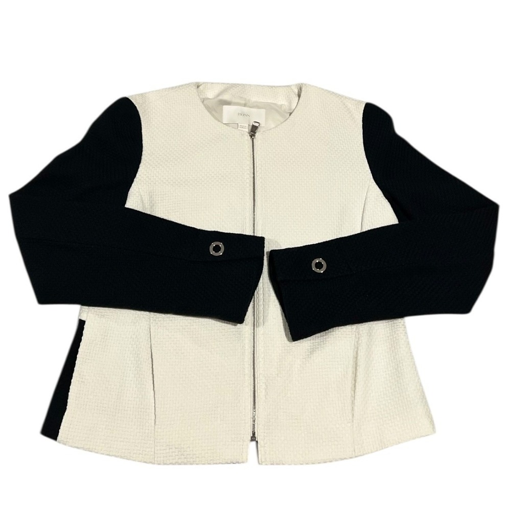 BOSS Hugo Boss‎ Koralie13 Black White Colorblock Tweed Zip Jacket Womens 4